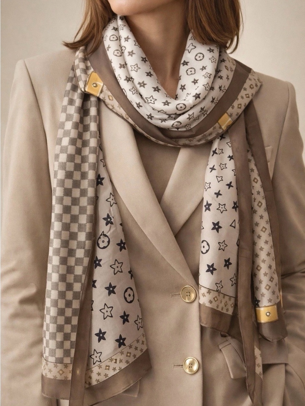 Long Plaid Star Patterned Checkered Scarf Khaki Brown Gold